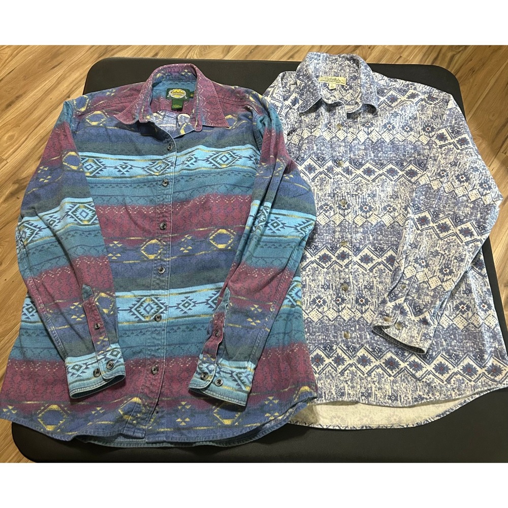VTG Cabelas Button Down Shirt Bundle/2 Womens L Blue Purple Southwestern Cotton